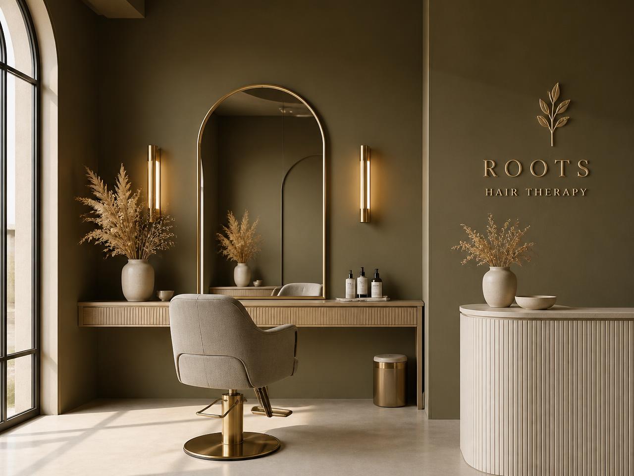Interior do Studio Vanessa Gisela, ambiente de terapia capilar com tons oliva e dourado